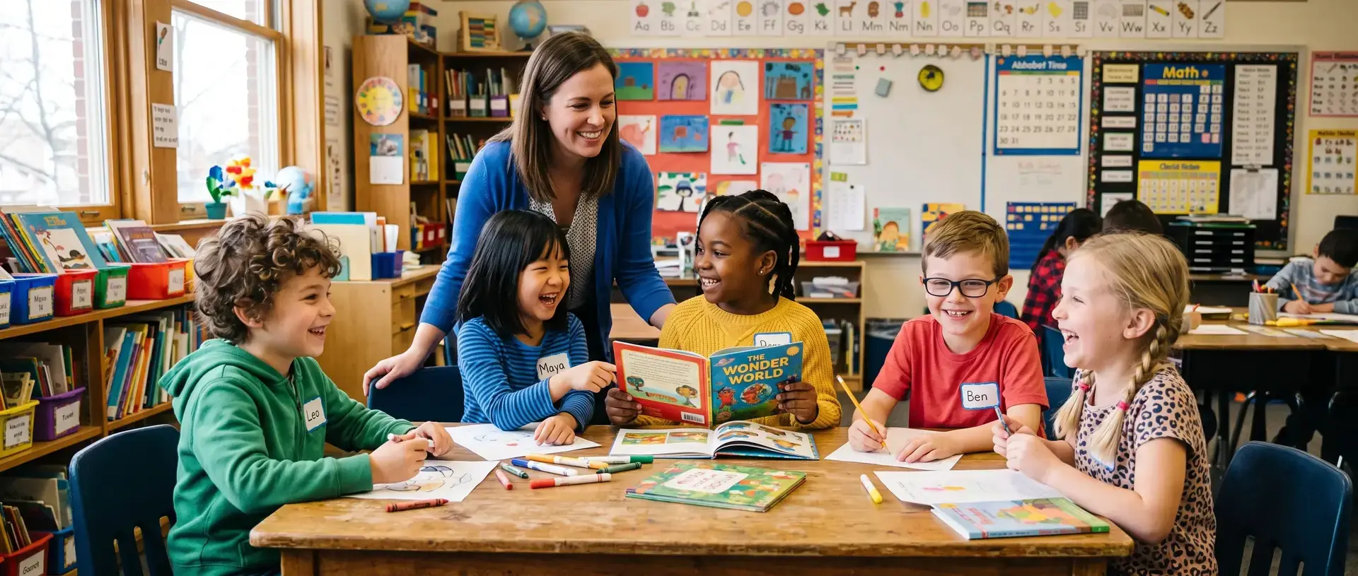 Students and a teacher reading together in a Christian school classroom