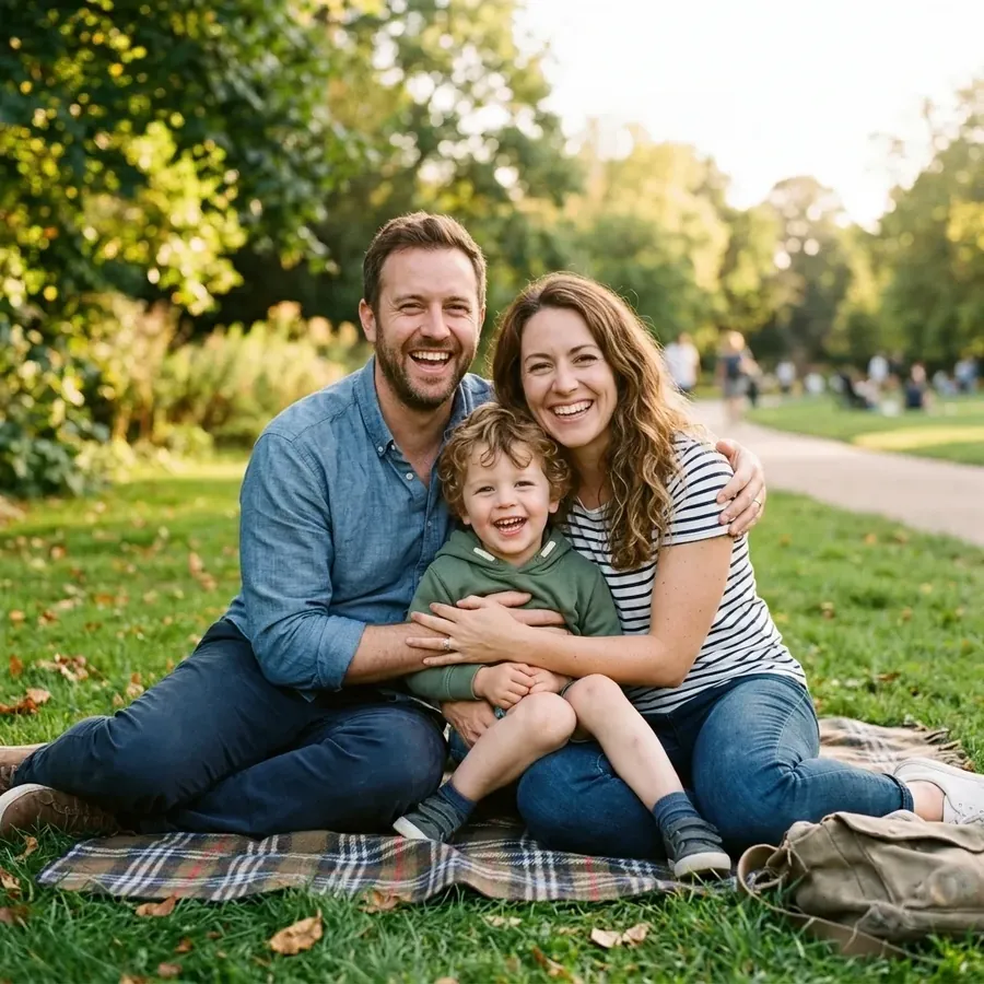 A happy family sitting together in a park