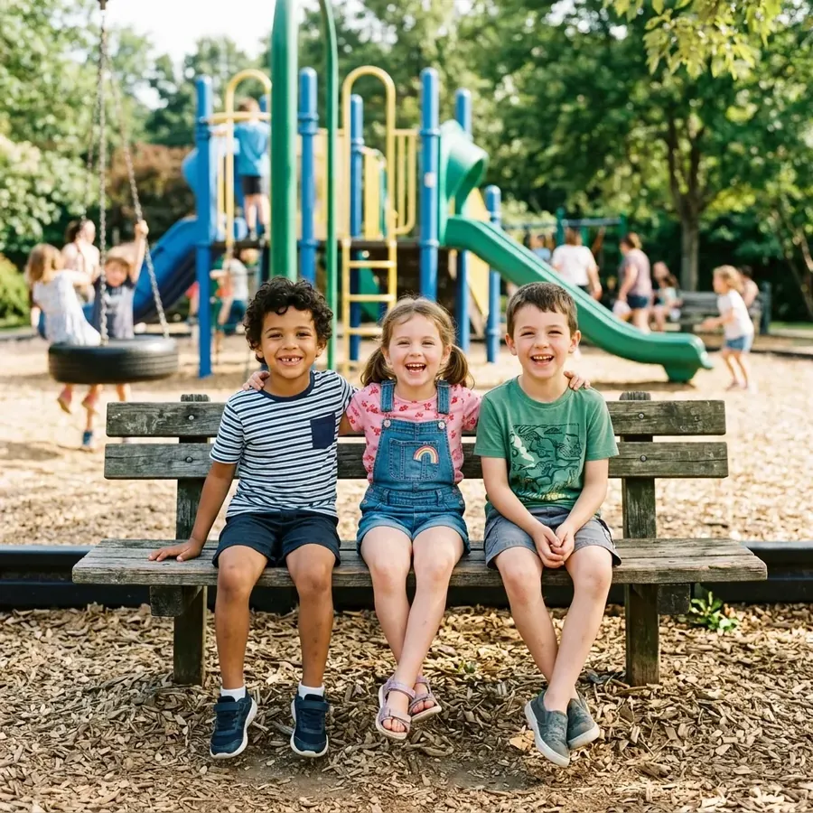 Children smiling on a bench at a playground