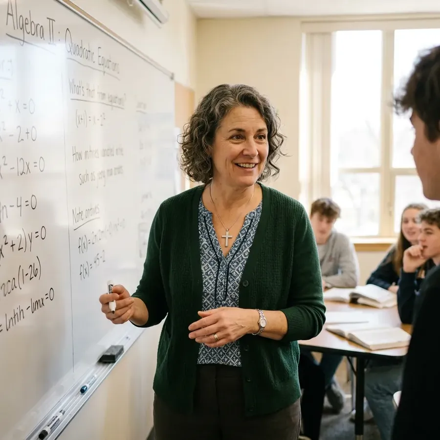 A teacher with a cross necklace at a whiteboard